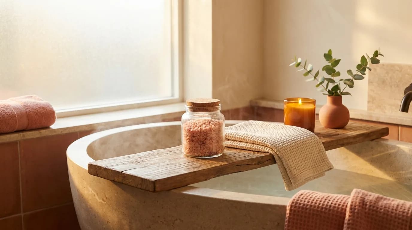 Spa bathroom with a jar of coarse Himalayan pink bath salt beside a stone bathtub