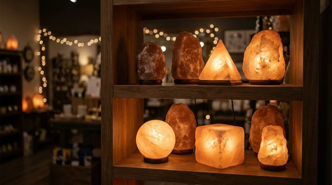 Retail display of hand-carved Himalayan salt lamps glowing amber in a darkened boutique