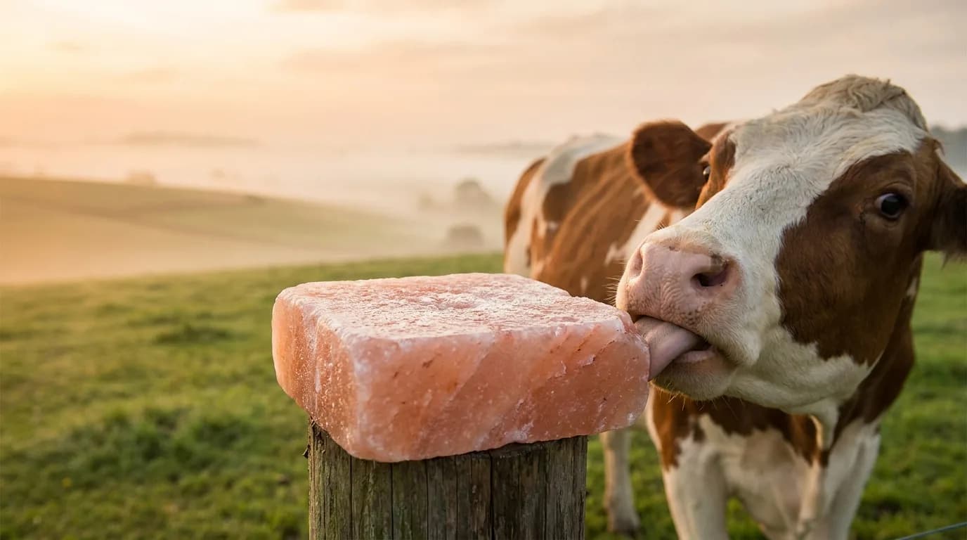 Dairy cow licking a Himalayan pink mineral salt block on a fence post at sunrise
